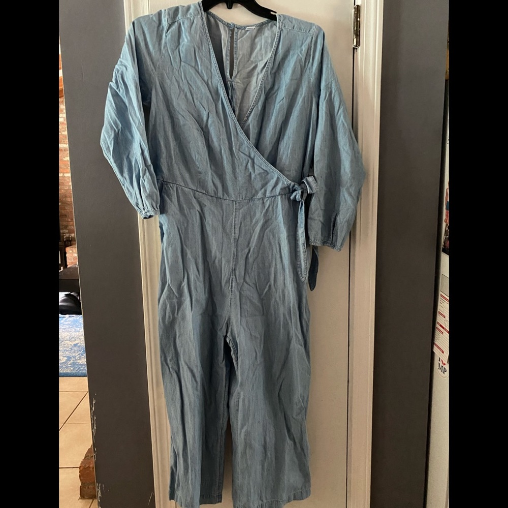 Light colored jean jumpsuit